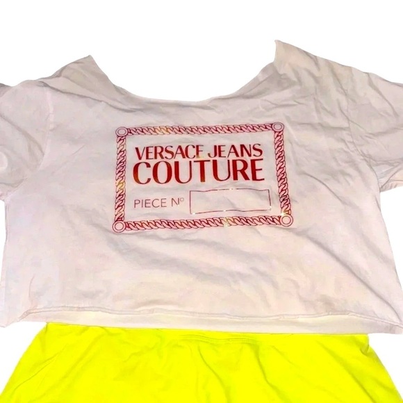 Authentic Versace Jeans Couture iridescent logo Off-Shoulder White Crop Tee L - Picture 2 of 8